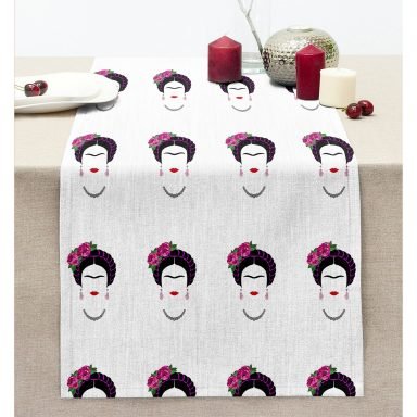 Pembe Zeminde Kahlo Frida Dijital Baskılı Dikişli Şönil Runner
