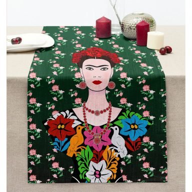 Yeşil Zeminde Frida Kahlo Motifli Özel Tasarım Dikişli Şönil Runner