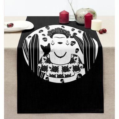Realhomes Black Frida Kahlo Basklı Dikişli Şönil Runner