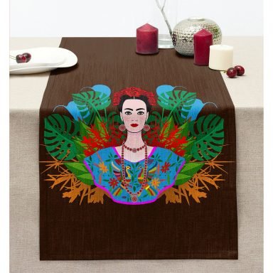 Kahverengi Zeminde Özel Tasarım Frida Kahlo Dijital Baskılı Dikişli Şönil Runner