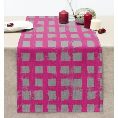 Geometrik Kolaj Kare Motifli Dekoratif Dikişli Şönil Runner