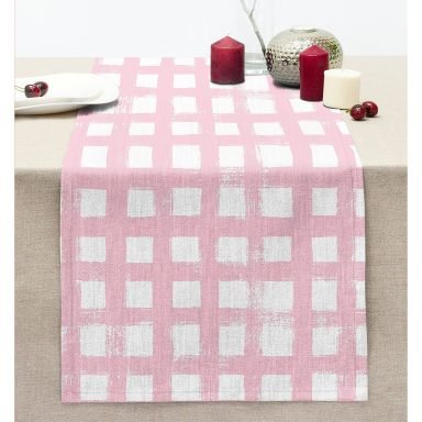 Pembe Zeminde Geometrik Kare Motifli Dekoratif Dikişli Şönil Runner