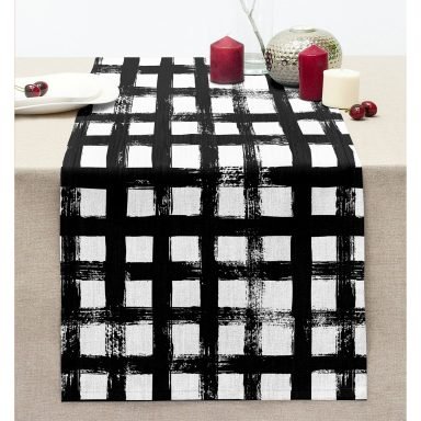 Siyah Zeminde Geometrik Kare Motifli Dekoratif Dikişli Şönil Runner