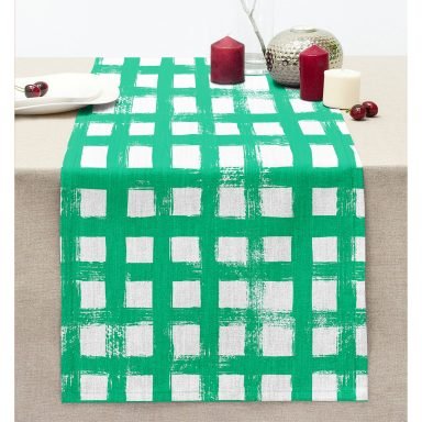 Yeşil Zeminde Geometrik Kare Motifli Dekoratif Dikişli Şönil Runner