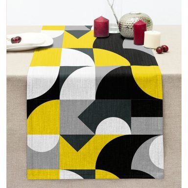 Geometrik Renkli Figürlü Dijital Baskılı Özel Tasarım Dekoratif Modern Dikişli Şönil Runner