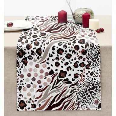 Leopar Dijital Baskılı İkat Desenli Modern Dikişli Şönil Runner