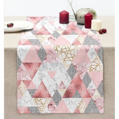 Geometrik Pembe Ve Gri Mermer Motifli Özel Tasarım Dikişli Şönil Runner