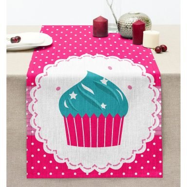 Pembe Puantiyeli Cupcake Temalı Dikişli Şönil Runner