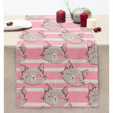 Pembe Çizgi Üzerinde Kedicikler Modern Dikişli Şönil Runner