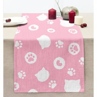 Pembe Zeminli Kedi Suretli Modern Dikişli Şönil Runner