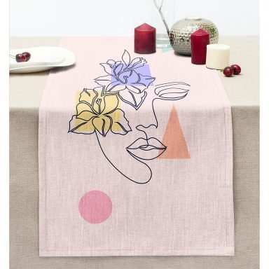 Pembe Zeminde Gül Motifli Bohemian Dekoratif Dikişli Şönil Runner