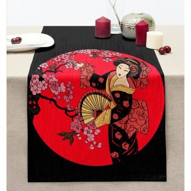 Çiçek Desenli Yelpazeli Japon Kız Motifli Modern Dikişli Şönil Runner