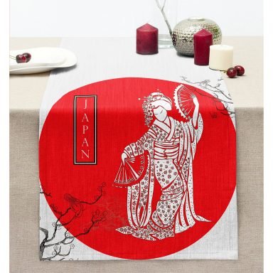 Ağaç Dal Motifli Japan Kız Motifli Dekoratif Dikişli Şönil Runner