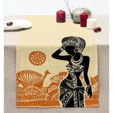 Etnik Desen Zeminli Afrika Kadın Motifli Dekoratif Dikişli Şönil Runner