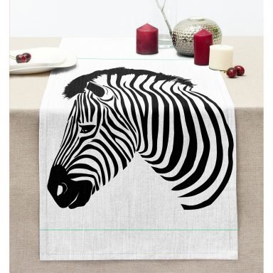 Zebra Figürlü Dijital Baskılı Modern Dikişli Şönil Runner