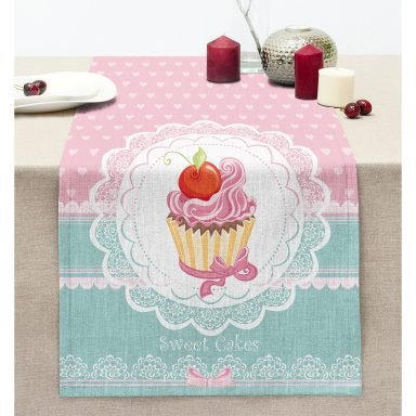 Cup Cake Dijital Baskılı Dekoratif Dikişli Şönil Runner