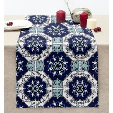 Mandala Desenli Dijital Baskılı Dekoratif Dikişli Şönil Runner