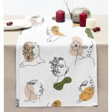 Beyaz Zeminde Bayan Desenli Dijital Baskılı Modern Dikişli Şönil Runner