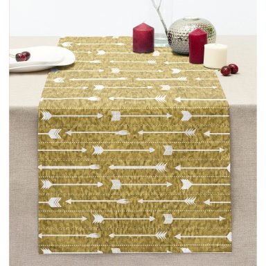 Gold Zeminde Ok Çizimli Dijital Baskılı Modern Dikişli Şönil Runner