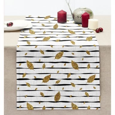 Siyah Beyaz Zeminli Gold Yaprak Desenli Dijital Baskılı Modern Dikişli Şönil Runner