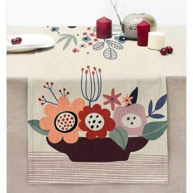 Renkli Zeminli Onedraw Çizimli Çiçek Desenli Dijital Baskılı Modern Dikişli Şönil Runner