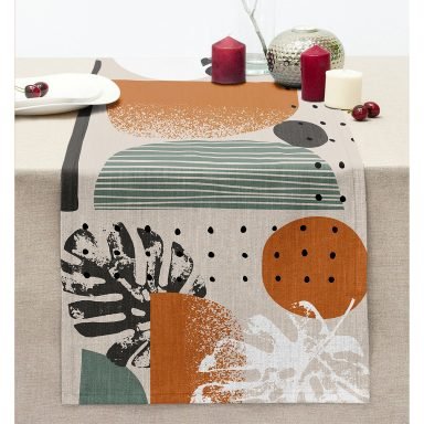 Pastel Zeminli Yaprak Desenli Dijital Baskılı Modern Dikişli Şönil Runner