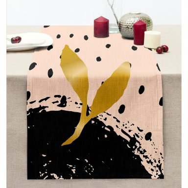 Pastel Zemin Üzerinde Gold Detaylı Yaprak Desenli Dijital Baskılı Modern Dikişli Şönil Runner