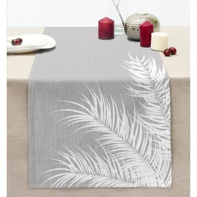 Pastel Zemin Üzerinde Beyaz Yaprak Desenli Dijital Baskılı Modern Dikişli Şönil Runner