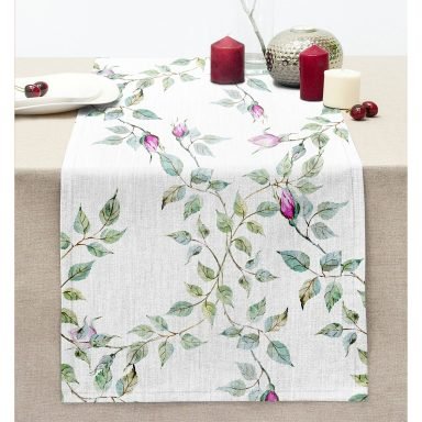 Gül Ve Tomurcuk Motifli Dijital Baskılı Modern Dikişli Şönil Runner