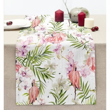 Beyaz Zeminde Çiçek Ve Flamingo Motifli Dijital Baskılı Modern Dikişli Şönil Runner