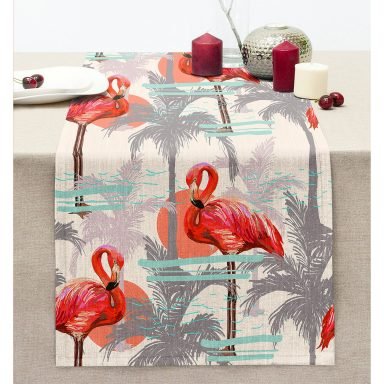 Flamingo Desenli Dijital Baskılı Dikişli Şönil Runner