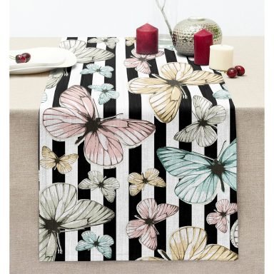 Siyah Beyaz Zigzag Soft Renkli Kelebek Motifli Dikişli Şönil Runner