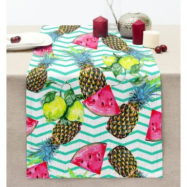 Yeşil Zigzag Ananas Karpuz Motifli Dijital Baskılı  Dikişli Şönil Runner