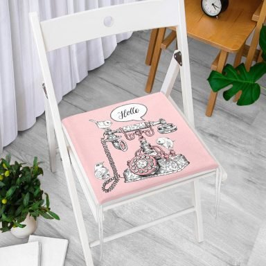 Pembe Zemin Antika Telefon Tasarımlı Dijital Baskılı Modern Fermuarlı Sandalye Minderi
