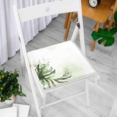 Yeşil Tropik Yaprak Motifli Dijital Baskılı Modern Fermuarlı Sandalye Minderi
