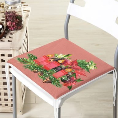Pembe Zemin Çam Yapraklı Mum Tasarımlı Dijital Baskılı Modern Fermuarlı Sandalye Minderi