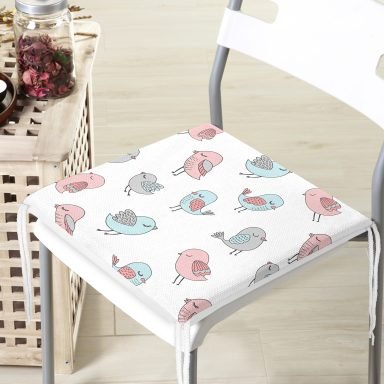 Mavi Pembe Kuş Çizimli Özel Tasarım Dijital Baskılı Modern Fermuarlı Sandalye Minderi