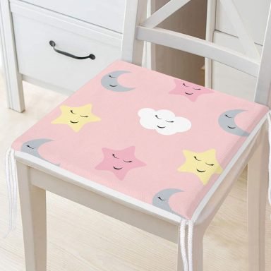 Pembe Zeminli Ay Ve Yıldız Desenli Dijital Baskılı Özel Tasarım Modern Fermuarlı Sandalye Minderi