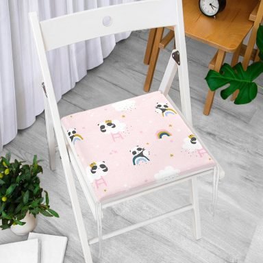 Pembe Zeminde Panda Temalı Dijital Baskılı Özel Tasarım Modern Fermuarlı Sandalye Minderi