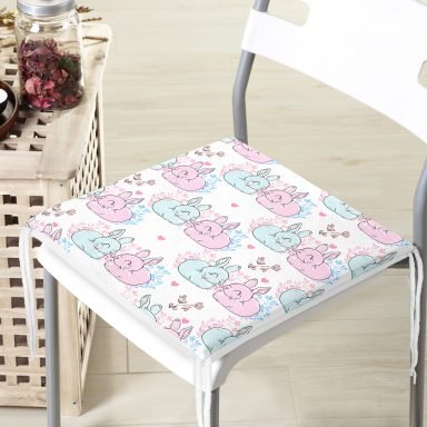 Sevimli Pembe Mavi Tavşan Desenli Dijital Baskılı Özel Tasarım Modern Fermuarlı Sandalye Minderi