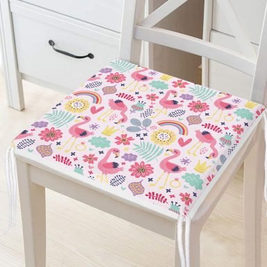 Pembe Pelikan Ve Çiçek Desenli Dijital Baskılı Özel Tasarım Modern Fermuarlı Sandalye Minderi