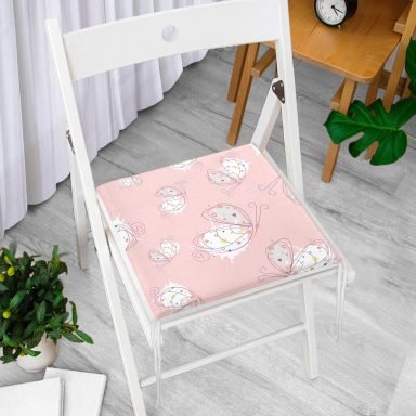 Pembe Zeminli Sevimli Kelebek Motifli Dijital Baskılı Özel Tasarım Modern Fermuarlı Sandalye Minderi
