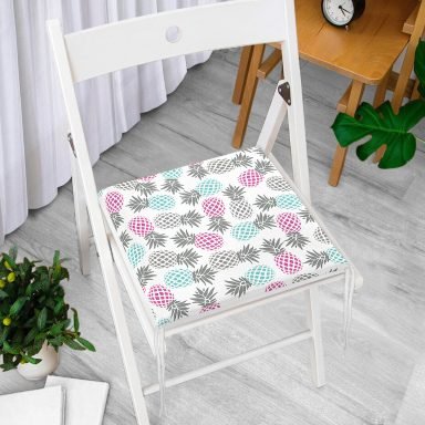 Beyaz Zeminde Ananas Motifli Dijital Baskılı Fermuarlı Sandalye Minderi