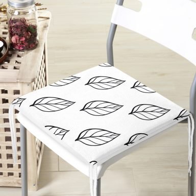 Siyah Beyaz Yaprak Motifli Modern Fermuarlı Sandalye Minderi