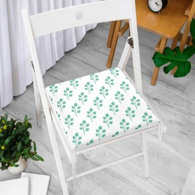 Beyaz Mint Yeşili Yaprak Motifli Fermuarlı Sandalye Minderi