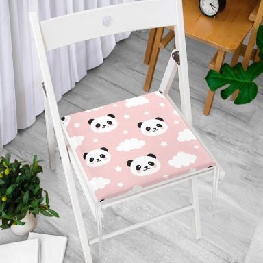 Pembe Zeminli Panda Resimli Dijital Baskılı Modern Fermuarlı Sandalye Minderi