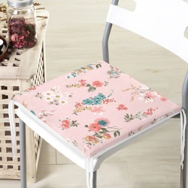Pembe Zeminli Çiçek Desenli Modern Fermuarlı Sandalye Minderi