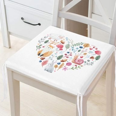 Kalp Motifli Doğa Temalı Dijital Baskılı Modern Fermuarlı Sandalye Minderi