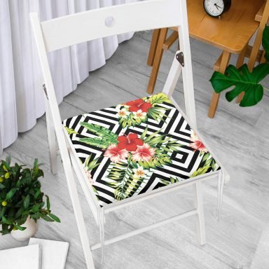 Geometrik Zeminde Çiçek Desenli Fermuarlı Sandalye Minderi