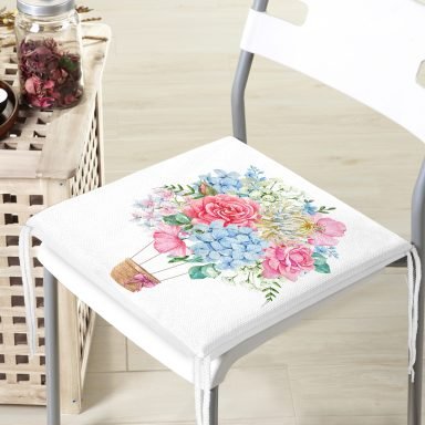 Kurdele Motifli Karma Çiçek Dijital Baskılı Fermuarlı Sandalye Minderi